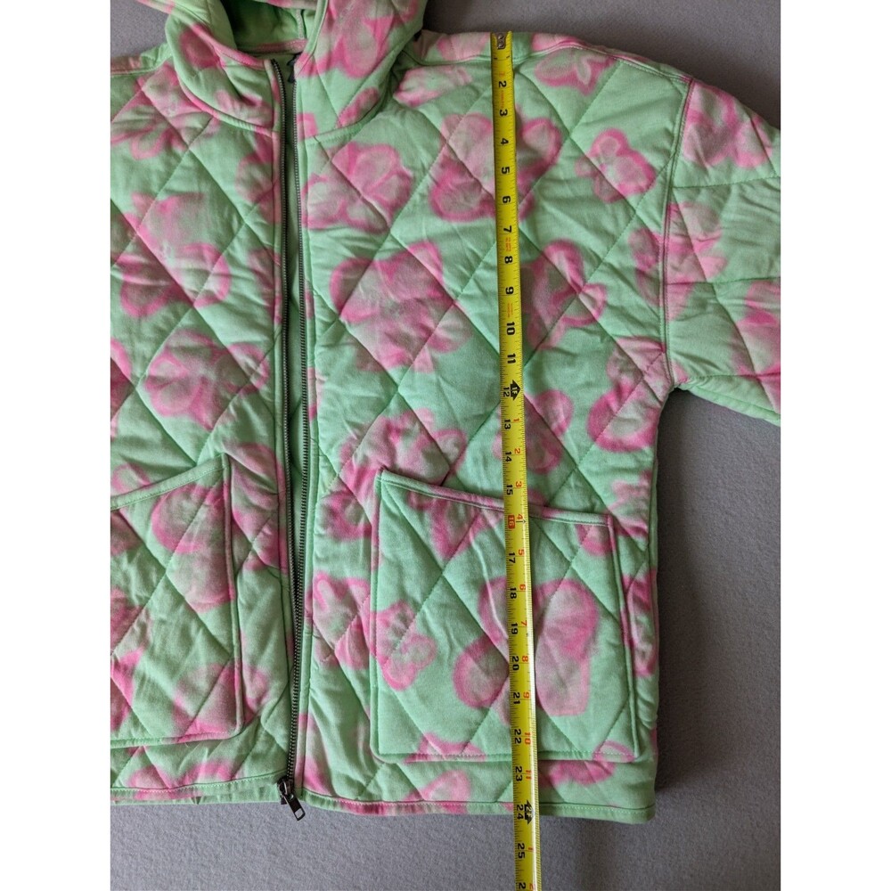 Mint Green Pink Floral Quilted Hooded Puffer Statement Jacket Zip Up Size L - Picture 5 of 11